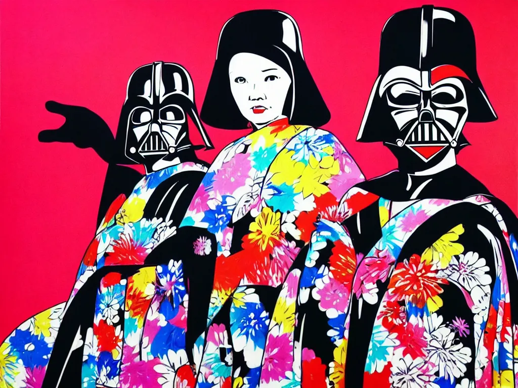 Image similar to hyperrealistic composition, in the middle a woman in a japanese kimono, behind her stands darth vader, in front of her a table from the casino, in the background is mount fuji and fireworks, pop - art style, jacky tsai style, andy warhol style, acrylic on canvas