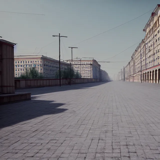 Image similar to empty street soviet city with identical soviet buildings and with a ideal lawn instead of road. no trees. cinematic, cgsociety