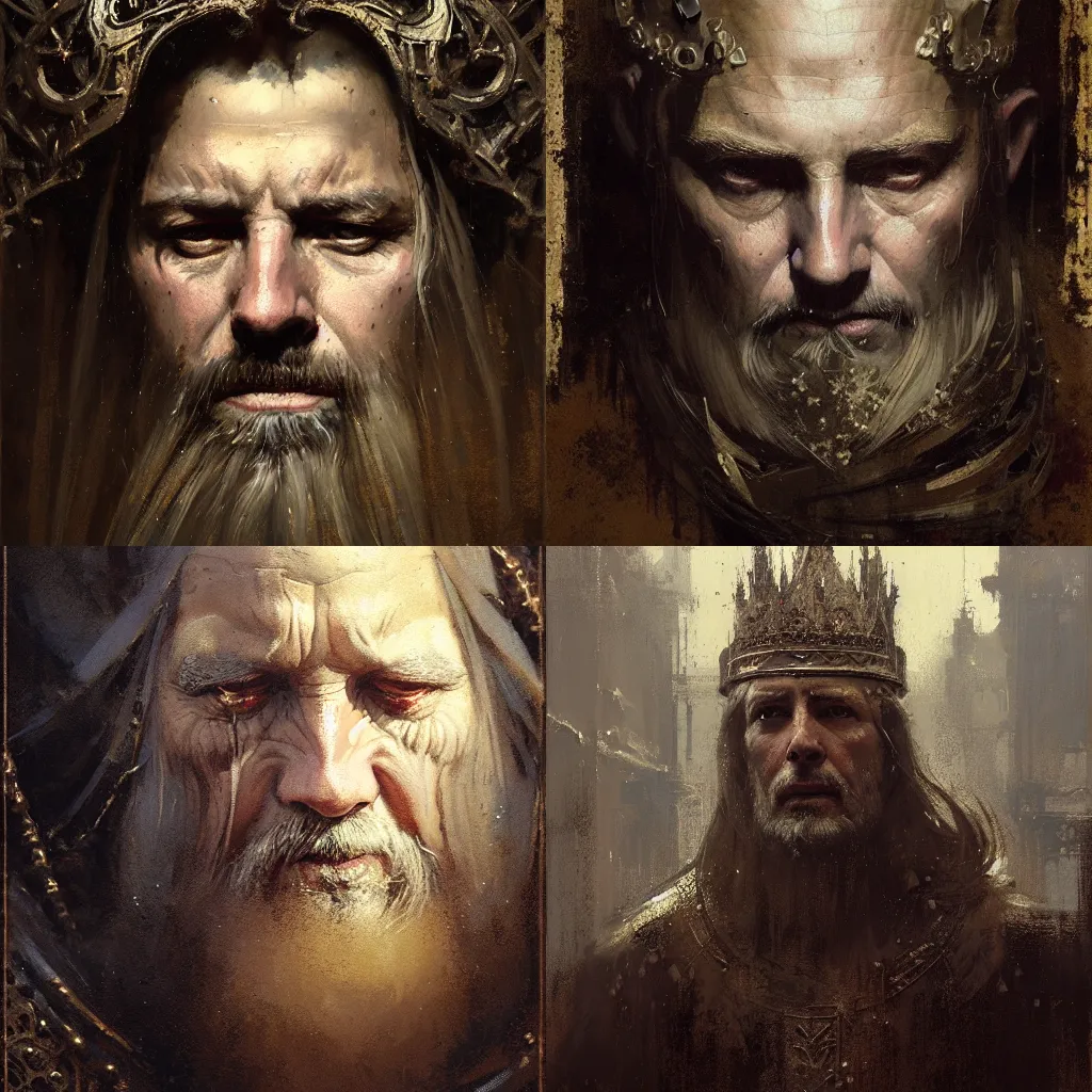 Prompt: portrait of a medieval old king, flowing, ornate, beautiful, intricate, muted tonal colors, by jeremy mann and greg rutkowski, 8 0 mm lens, trending on artstation, oil on canvas