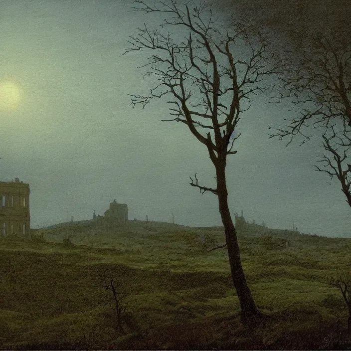 Prompt: painting of a mansion on the moorland by caspar david friedrich, at night, eerie, supernatural