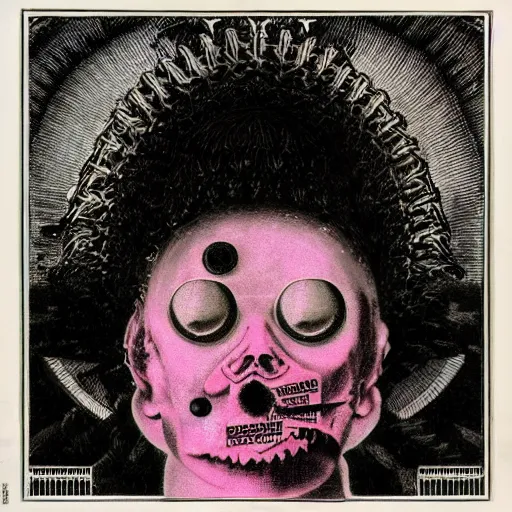 Image similar to post - punk new age album cover, asymmetrical design, frame of a dollar bank notes, capitalism, magic, apocalypse, psychedelic, black white pink, magic, giger h. r., giuseppe arcimboldo