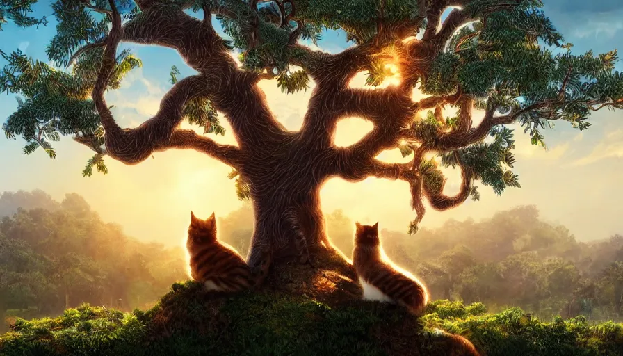 Image similar to lot of cats on a tree, green hills background, matte painting, artstation, sunrise, blue sky, art by caspar finch