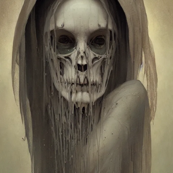 Image similar to A portrait of A Skeleton Nun by Ross Tran!!! and alphonse mucha and greg rutkowski! and Gustave Doré!! and Zdzisław Beksiński!,In style of Impressionism.Symmetry.Highly detailed face.Fantasy,smooth,hyper detailed,sharp focus,Soft light.trending on artstation.oil on canvas