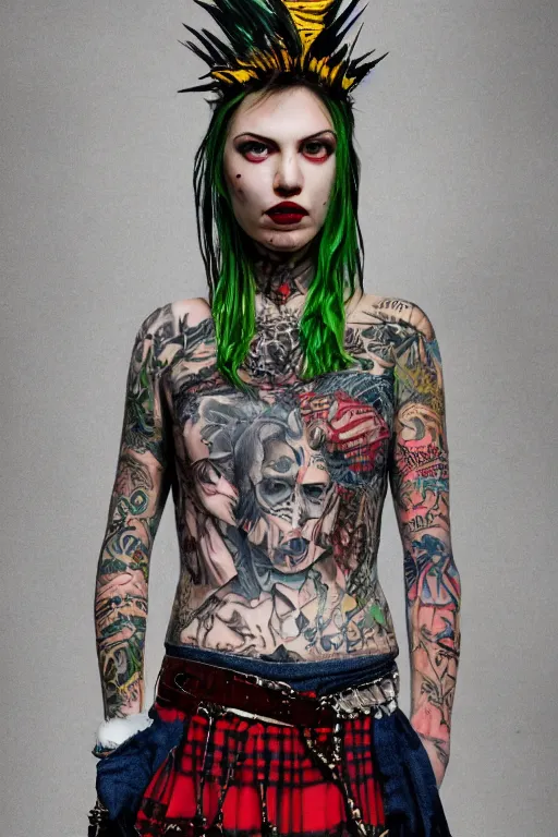 Prompt: upper body portrait hannah murray as a punk woman with green mohawk, covered in neotraditional style tattoos, septum ring, piercings, wearing a bold tee shirt, flannel jacket, fishnets and a long tartan skirt, intimidating, max details, hyperrealistic, photorealistic, ultra - realistic, ultra - detailed, cinematic, 8 k resolution by alan lee