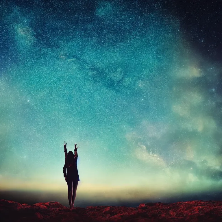 Prompt: a beautiful landscape of a starry sky with an beautiful woman waving to the horizon, cinematic, dramatic, color grading, photojournalism, colorful, highly detailed