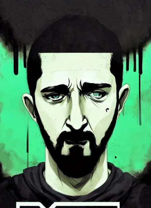 Image similar to highly detailed closeup portrait motivational poster of creepy staring shia lebouf with large bold letter motivational words by atey ghailan, by greg rutkowski, by greg tocchini, by james gilleard, by joe fenton, by kaethe butcher, gradient green, black and white color scheme, grunge aesthetic!!! ( ( graffiti tag wall background ) )