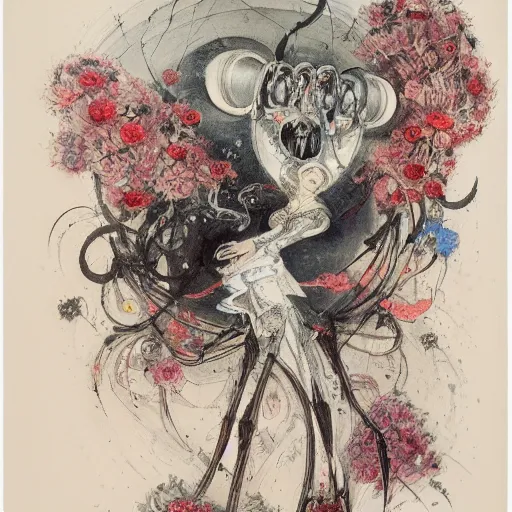 Image similar to Louis Icart, an old elaborate painting of an abstract robot tornado made entirely out of flowers, highly detailed, swirling, flowing, dancing, dreaming, masterpiece - H 1024