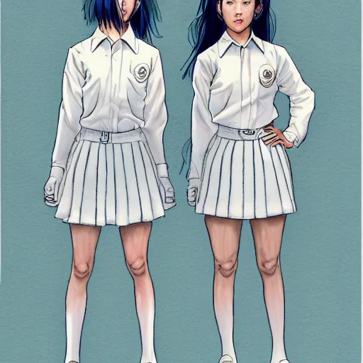 Prompt: a perfect, realistic professional digital sketch of two 90s Japanese schoolgirls posing, in style of Marvel, full length, by pen and watercolor, by a professional American senior artist on ArtStation, a high-quality hollywood-style sketch, on high-quality paper