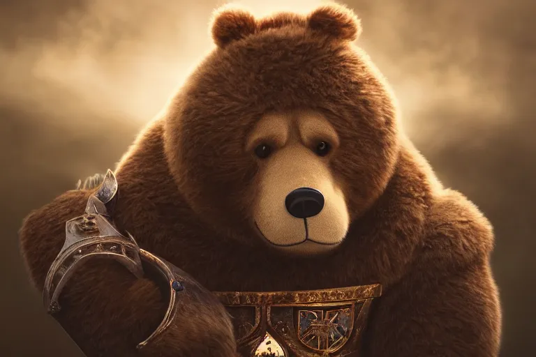 Prompt: a pixar bear as a knight templar, beautiful portrait photo, cinematic, very sharp and detailed, 4k hdr, beautiful background