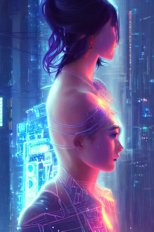 Prompt: portrait futuristic wizard Girl with thunder and fire sparkles and starlight, n future cyberpunk tokyo heavy rainning rooftop , ssci-fi, fantasy, intricate, very very beautiful, elegant, human structure, neon light, highly detailed, digital painting, artstation, concept art, smooth, sharp focus, illustration, art by tian zi and WLOP and alphonse mucha