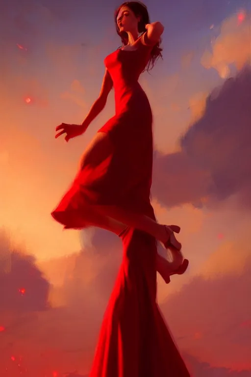 Image similar to dreamy girl character with perfect body in a nice red dress, magic vibe, perfect lighting. professional design. great composition, illustration, highly detailed, digital painting, concept art, trending on artstation, by greg rutkowski, james ensor, artwork