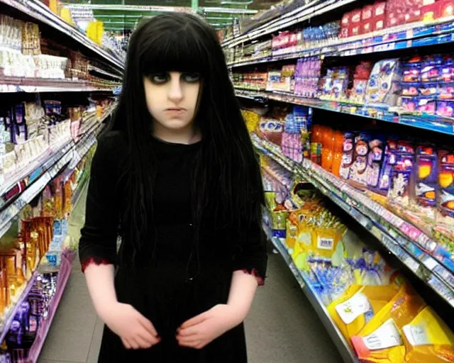 Image similar to poor quality digital photo of a goth emo girl at tesco, 2 0 0 7