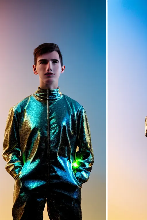 Image similar to un ultra high definition studio quality photographic art portrait of a young man standing on the rooftop of a british apartment building wearing soft baggy inflatable padded iridescent pearlescent suit. three point light. extremely detailed. golden ratio, ray tracing, volumetric light, shallow depth of field. set dressed.