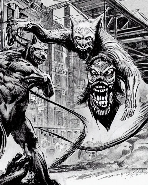 Prompt: a single werewolf fighting a single vampire in a dark brisbane alley, hd concept art by ron spencer and jean giraud and ralph macquarrie.