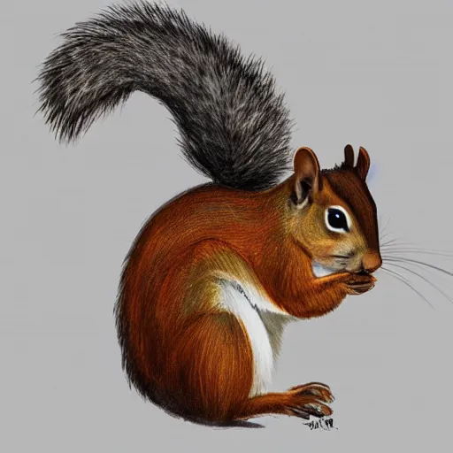 Prompt: a cute squirrel standing on four legs in profile, drawn in concept art style