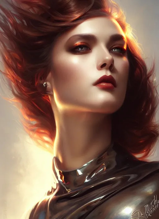 Prompt: a beautiful woman with a chrome spine, painted by artgerm and tom bagshaw, fantasy art, dramatic lighting, highly detailed oil painting