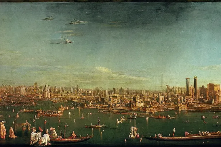 Prompt: a planetary sci-fi city of Mumbai by Canaletto, oil and canvas, masterpiece