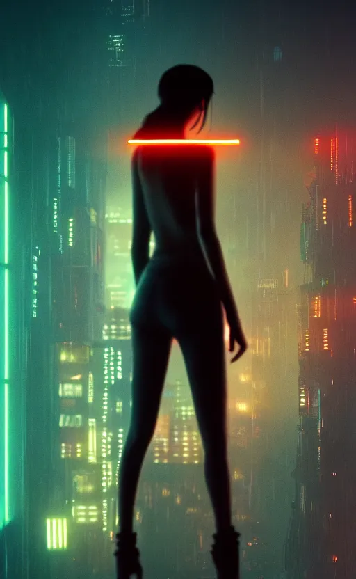 Image similar to vertical movie frame portrait of girl in blade runner 2 0 4 9 bedroom interior, neon - decorated urban on night in the city seen through the window, cyberpunk interior design, architectural design, vintage, night blade runner, dark, postapocalyptic, clean lines, 4 k, octane, asian futuristic city at distance, big windows, octane, wide angle