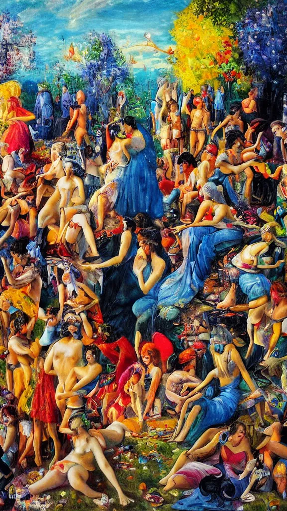 Prompt: social encounters, depictions of the scene and free love hangs - al fresco, postmodern painting, summer of love, sensuous, abstracted, highly detailed, hd