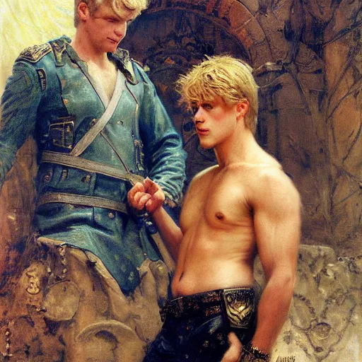 Image similar to attractive male, arthur pendragon who has blond hair confesses his love to attractive male, merlin who has dark hair. highly detailed painting by gaston bussiere, craig mullins, j. c. leyendecker 8 k