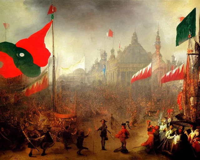 Prompt: Oil painting of Independence Day Celebration in Indonesia with Indonesian Flag in the background, rembrandt, high detail painting