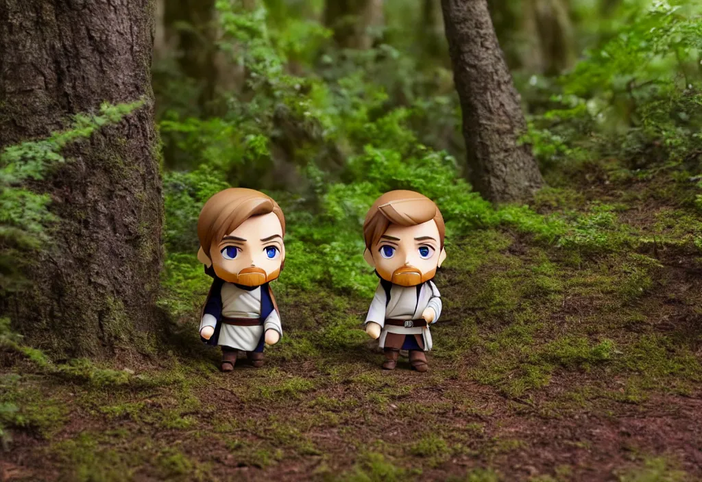 Prompt: side view of obi wan kenobi of disney movie as nendoroid running in a forest, 8 k hd dof, kodak film,