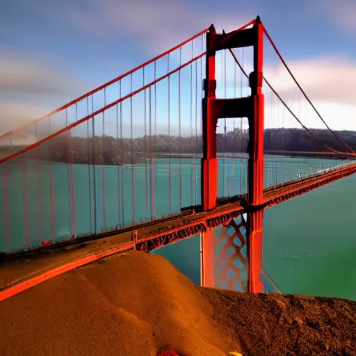 Prompt: a destroyed and deserted golden gate bridge