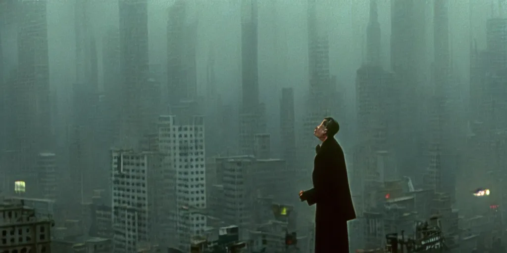 Image similar to beautiful cinematic film still of steve buscemi smoking a cigarette on a building top overlooking the rainy city in blade runner, 4 k