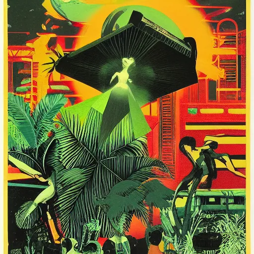 Prompt: 1980 xerox fanzine cutout collage, ancient greek, morning hour on Jupiter, punk party, tropical plants, painted part by Kilian Eng, part by robert doisneau, part by zdzisław beksiński, composition by aleksi briclot, VHS quality