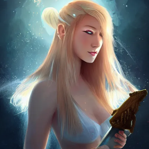 Prompt: a digital painting of a woman with blonde hair, a character portrait by feng zhu, cgsociety, fantasy art, ethereal glow, light white rainbow nails and a glowing chromatic sword behind her, medieval armour, waterfall, crocodile, tamborine, salt shaker, happy friend, fire, lamps, artstation hq, artstation hd, fantasy