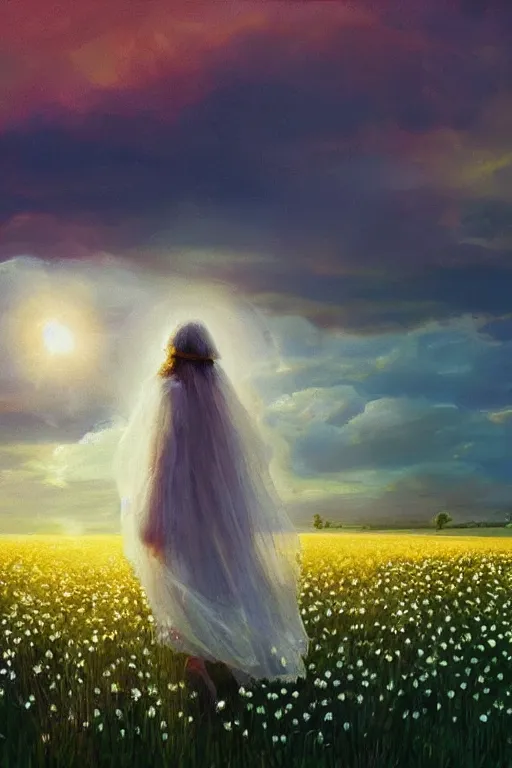 Image similar to giant white daisy flower veil, girl walking in a flower field, surreal photography, sunrise, dramatic light, impressionist painting, colorful clouds, digital painting, artstation, simon stalenhag