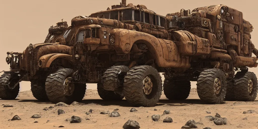 Image similar to steampunk cybertruck rolling on mars 3 d concept art, dust around, cinematic lighting, intricate details, octane rendering, trending on artstation, featured on behance