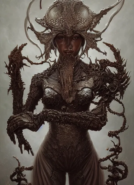 Image similar to full portrait of dancerwarden, black metal shiny skin. intricate, elegant, highly detailed, centered, digital painting, artstation, concept art, smooth, sharp focus, illustration, artgerm, tomasz alen kopera, peter mohrbacher, donato giancola, joseph christian leyendecker, wlop, frank frazetta