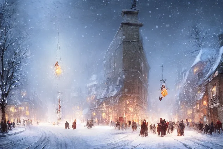 Image similar to a guillotine with christmas lights in the center of town, s matte painting, long shot, concept art, wide shot, digital art, trending on artstation, 4 k, extremely detailed, realistic, snowing, by greg rutkowski, cinematic, epic