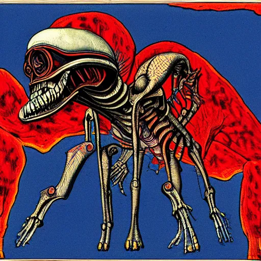 Image similar to anatomically correct diagram of alien, quadruped, h. r. giger, red and blue, 8 feet fall, monstrous, fiendish