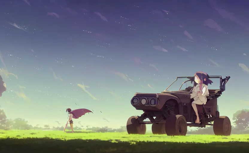 Prompt: a high school girl controlling a radio controlled buggy, clear summer sky background, dirt and luch landscape, illustration concept art anime key visual trending pixiv fanbox by wlop and greg rutkowski and makoto shinkai and studio ghibli and kyoto animation, race event, backlit
