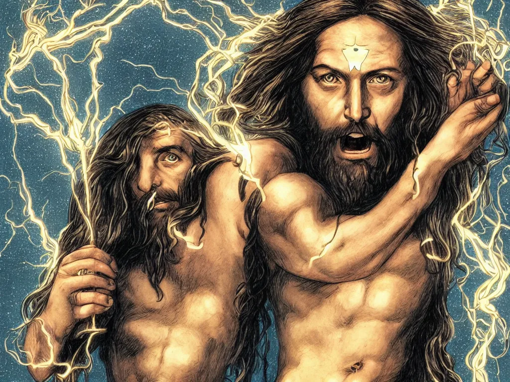 Image similar to jesus christ as a superhero with long hair and white eyes floating above the water shooting lightning out of his hands, drawn by alan moore, graphic novel, symmetrical, frontal, full body shot,