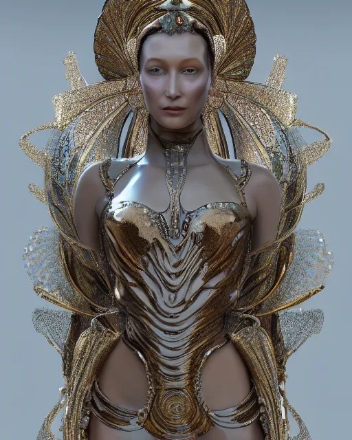 Image similar to a highly detailed metahuman 4 k close up render of an alien goddess bella hadid monument indian sculpture in iris van herpen dress schiaparelli in diamonds crystals swarovski and jewelry iridescent in style of alphonse mucha gustav klimt trending on artstation made in unreal engine 4