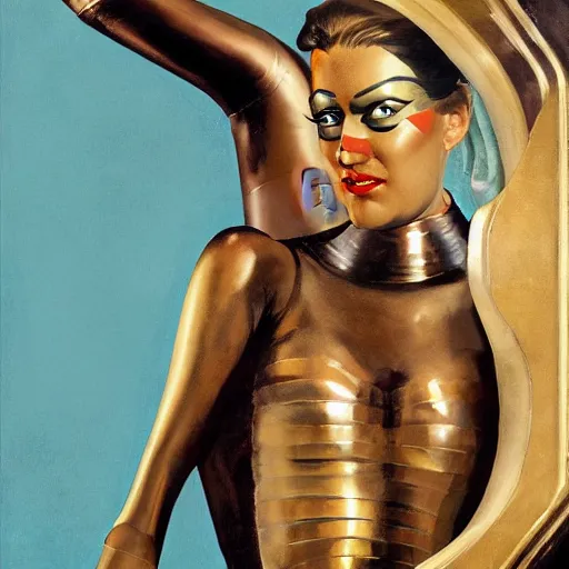 Prompt: closeup painting of uncannily beautiful aristocrat wearing latex and bronze catsuit and art deco maori face paint inside bronze art deco arcology, science fiction by j. c. leyendecker and fritz lang and rembrandt and greg rutkowski and stefan prohaczka