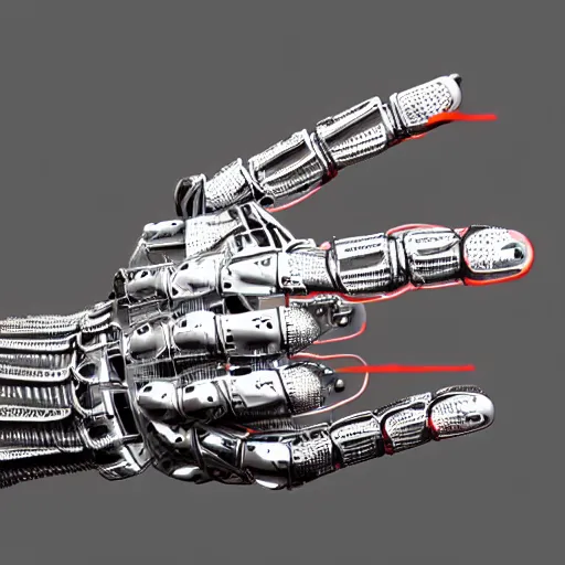 Prompt: a metal robotic hand, realistic, reflective, mechanical, 4 k, detailed