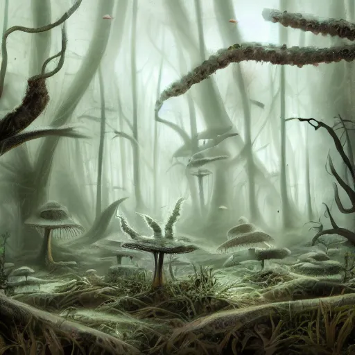 Image similar to leucistic Axolotls in an eerie mushroom forest, matte painting