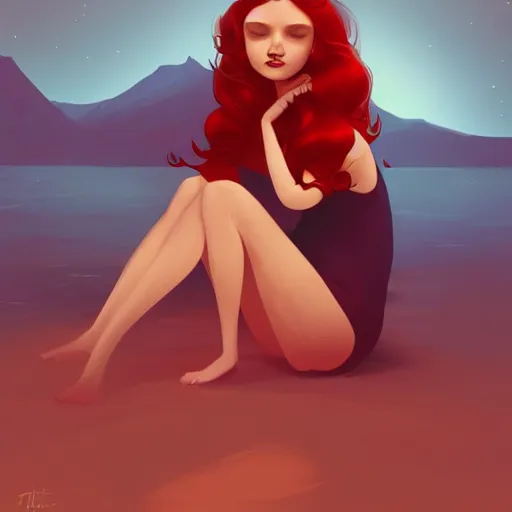 Image similar to a beautiful comic book illustration of a woman with long red hair sitting near a lake at night by daniela uhlig, featured on artstation