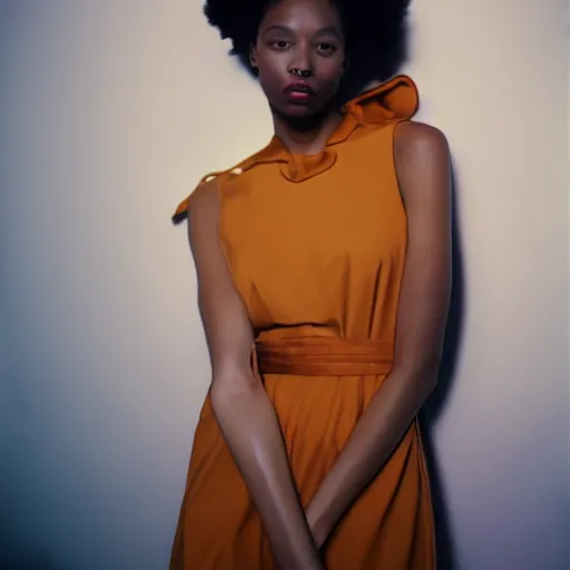 Image similar to realistic photoshoot for a new off-white lookbook, color film photography, portrait of a beautiful woman in style of tyler Mitchell, 35mm, graflex