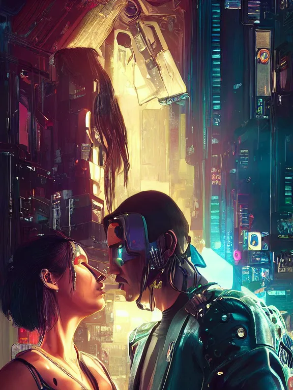 Image similar to a cyberpunk 2077 couple portrait of Keanu Reeves&female android in kiss,love,film lighting,by Laurie Greasley,Lawrence Alma-Tadema,Dan Mumford,artstation,deviantart,FAN ART,full of color,Digital painting,face enhance,highly detailed,8K,octane,golden ratio,cinematic lighting