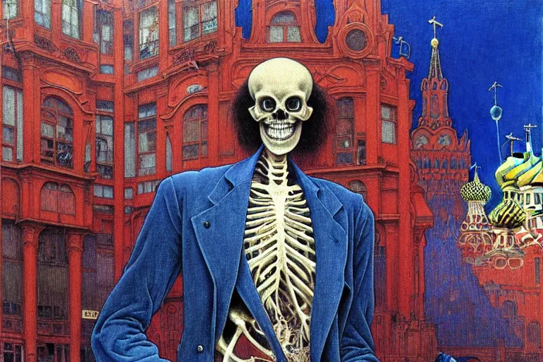 Image similar to realistic detailed closeup portrait painting of a single skeleton wearing crimson velvet blazer in a crowded futuristic moscow street by Jean Delville, Amano, Yves Tanguy, Alphonse Mucha, Ernst Haeckel, Ilya Repin, Edward Robert Hughes, Andrei Tarkovsky, Roger Dean, rich moody colours, blue eyes