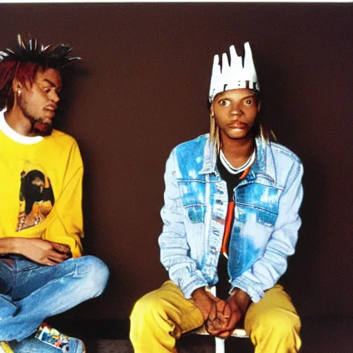 Prompt: kurt cobain and basquiat wearing a painted basquiat crown photorealistic