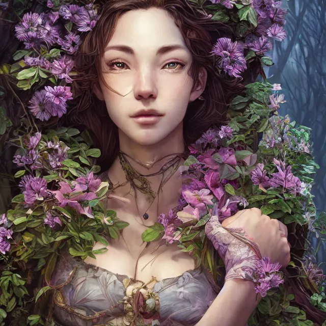 Image similar to the portrait of chaotic good female druid botanist as absurdly beautiful, gorgeous, elegant, young gravure idol, an ultrafine hyperdetailed illustration by kim jung gi, irakli nadar, intricate linework, sharp focus, bright colors, octopath traveler, final fantasy, unreal engine 5 highly rendered, global illumination, radiant light, detailed and intricate environment