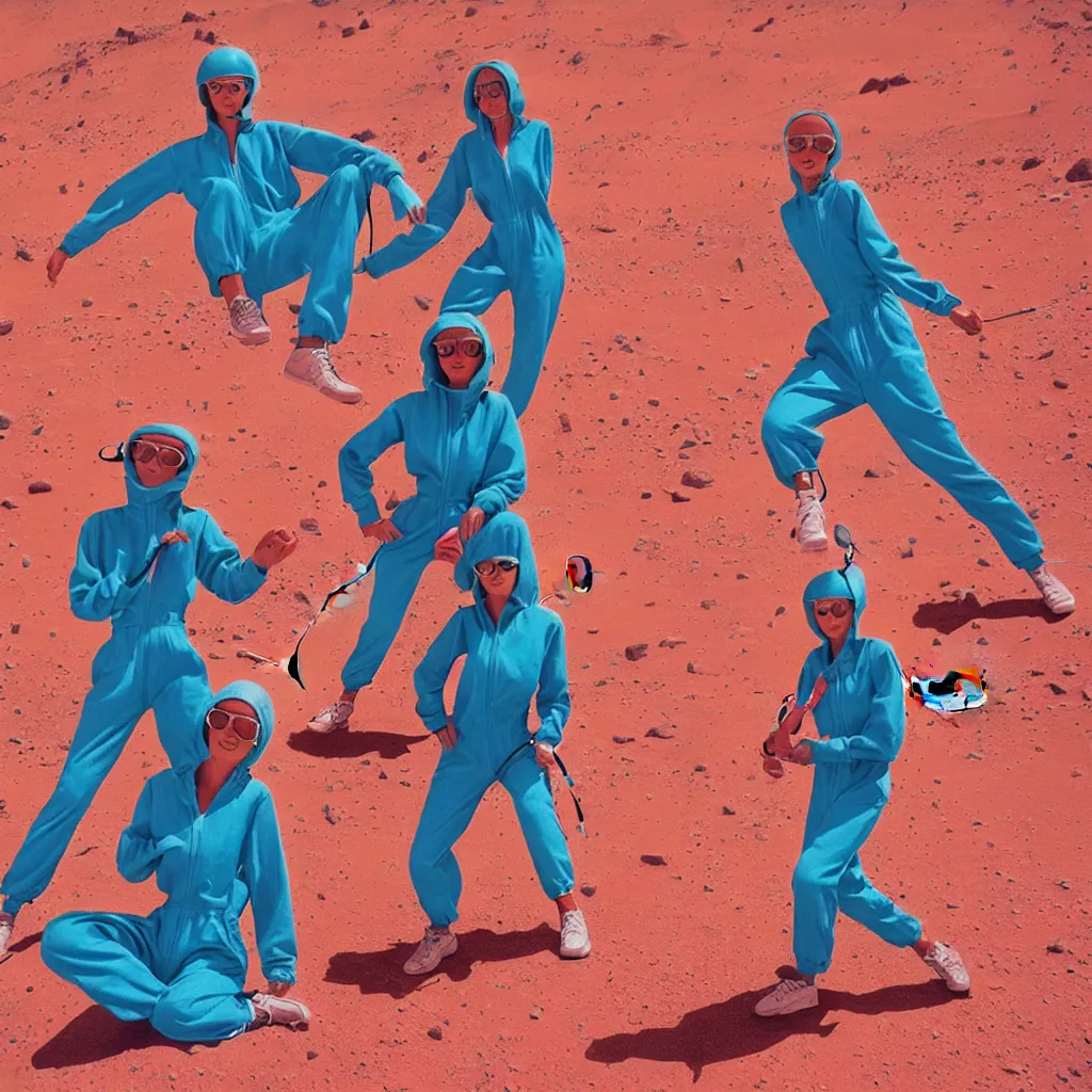 Prompt: a couple of aliens wearing jumpsuits playing tenis on mars, one female and one male, there's a sign written pinko poika, swirly vibrant colors, sharp focus, highly detailed, music album cover, cinestill 8 0 0 t