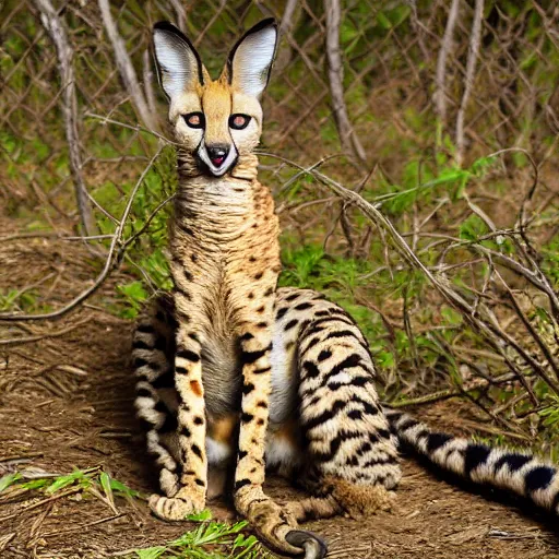 Prompt: photo of a serval whose torso is extremely long and thin and twisted into a coil, resembling a snake. it is in an oak forest. its tongue is a long forked snake - tongue. nature photography ; high - resolution.