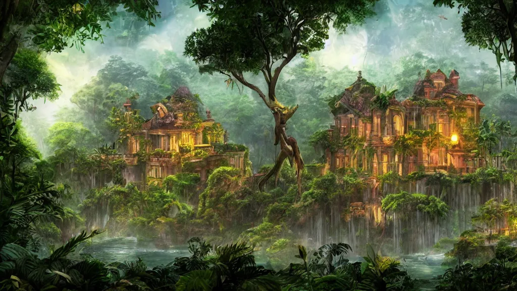 Image similar to A beautiful mansion in the Jungle”Beautiful Dreamscape, Digital art, concept art, detailed, lovely colors, Art station,3-D 4K, beautiful background, matte painting, Frank Lloyd Write,